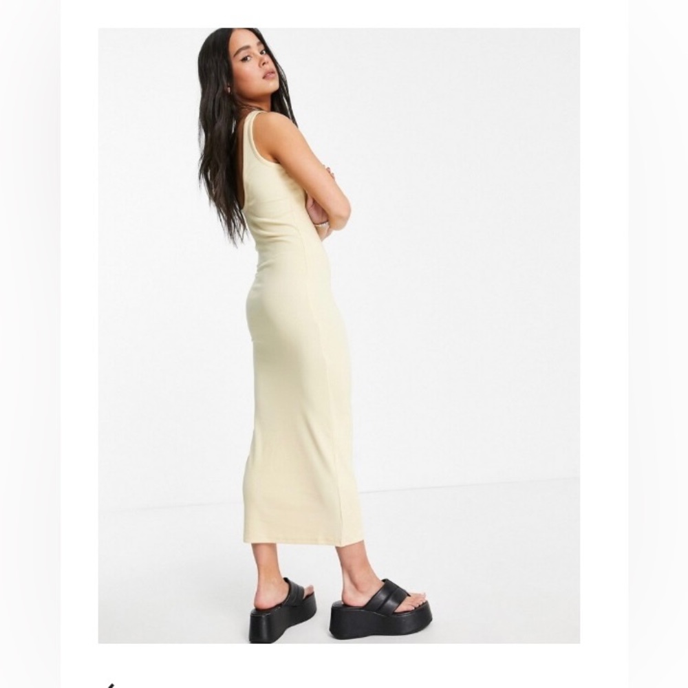 ASOS midi ribbed asymmetrical neckline bodycon dress, buttermilk